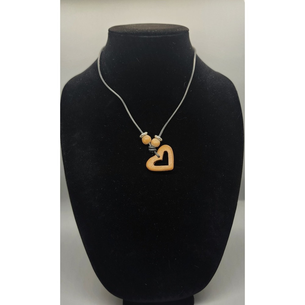 Wooden Heart Pendant Necklace Black Leather Cord Bohemian Casual Style